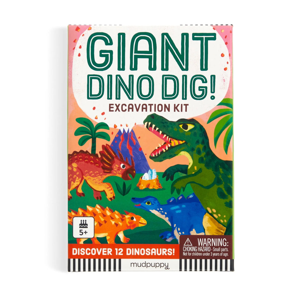 Fața cutiei Giant Dino Dig Mudpuppy, kit de excavare cu dinozauri pentru copii de la 5 ani