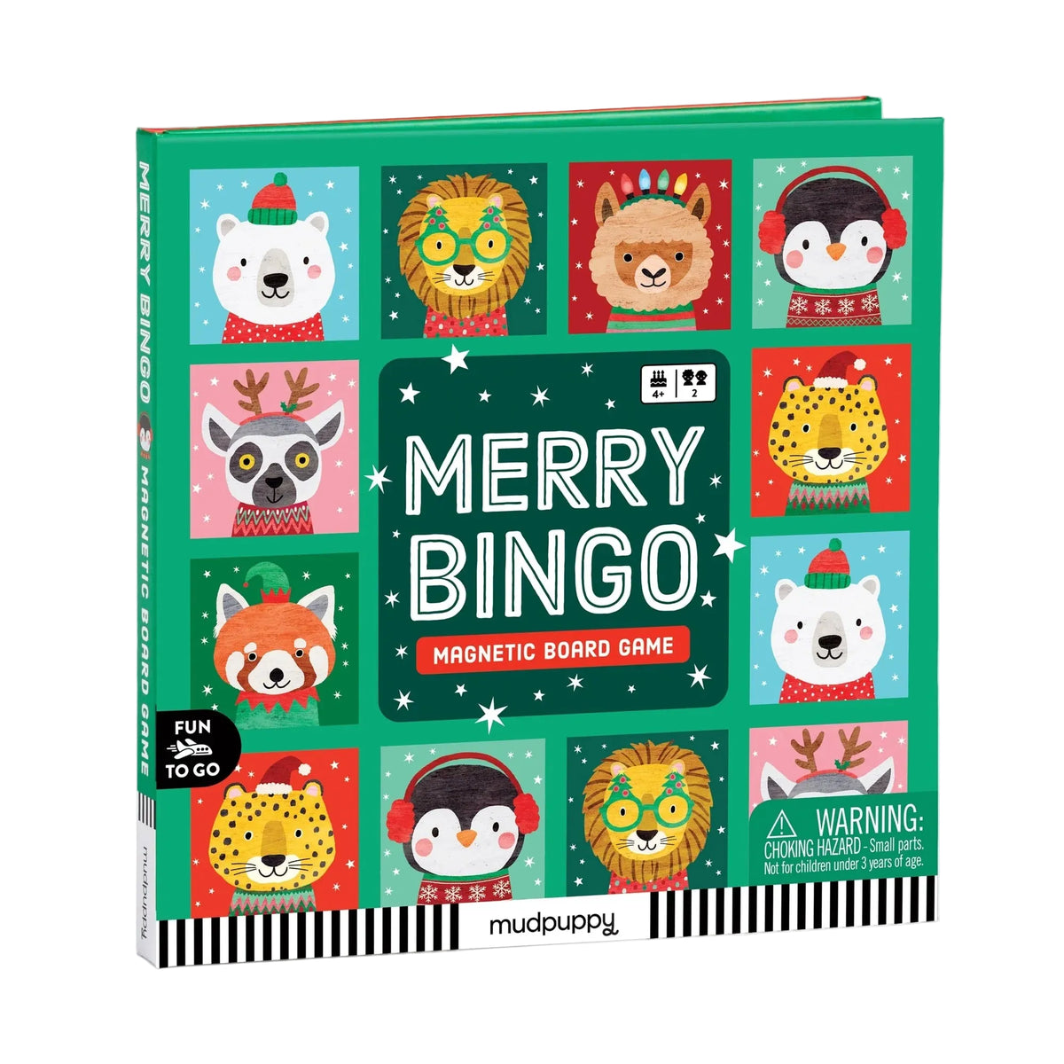 Joc magnetic Merry Bingo Mudpuppy cu animale de Crăciun, mapă închisă văzută oblic