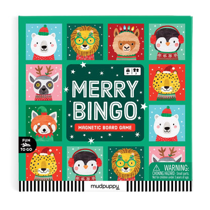 Coperta jocului Merry Bingo Mudpuppy, cu animale în ținute de Crăciun