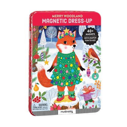 Cutia metalică Merry Woodland Mudpuppy cu vulpe în rochie de brad, vedere oblică