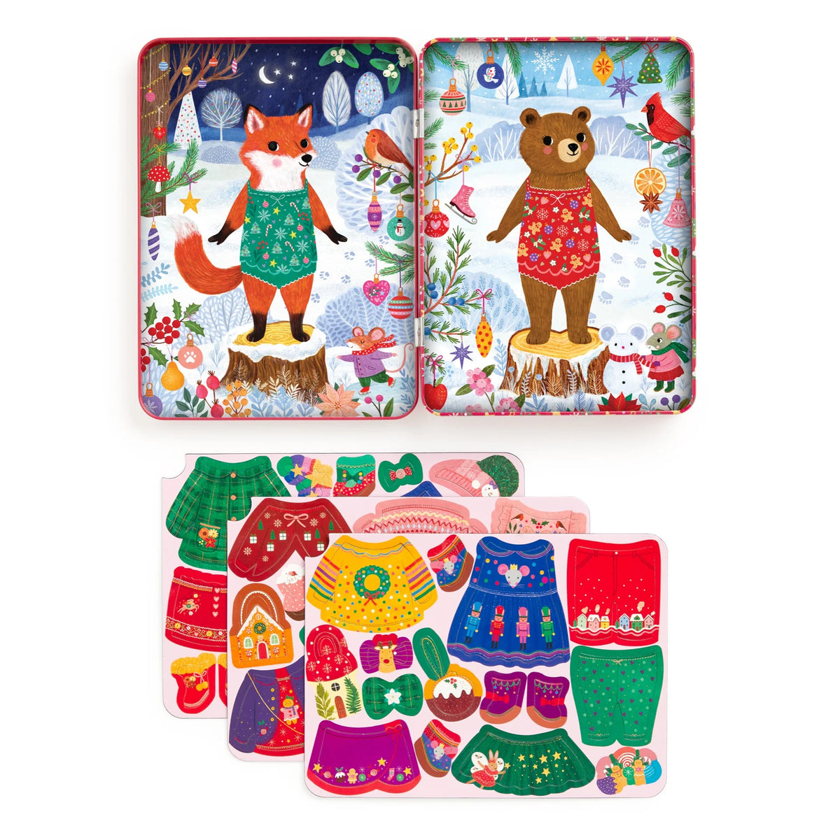 Conținutul setului Merry Woodland: cutie cu vulpe și urs și trei coli cu haine magnetice