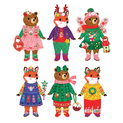 Șase exemple de ținute festive pentru vulpea și ursul din jocul magnetic Merry Woodland