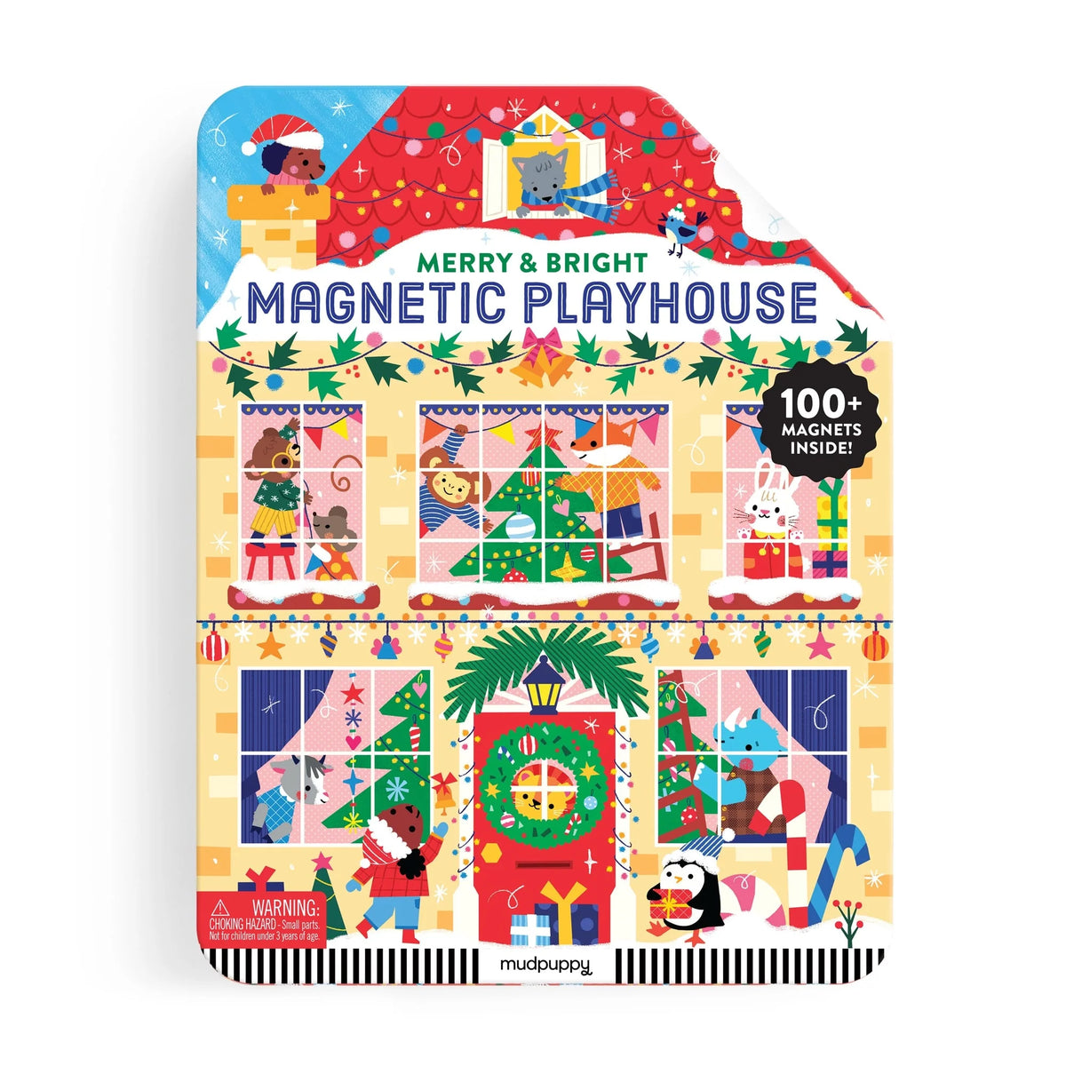 Fața căsuței magnetice Merry &amp; Bright Mudpuppy, cu animale și decorațiuni de Crăciun