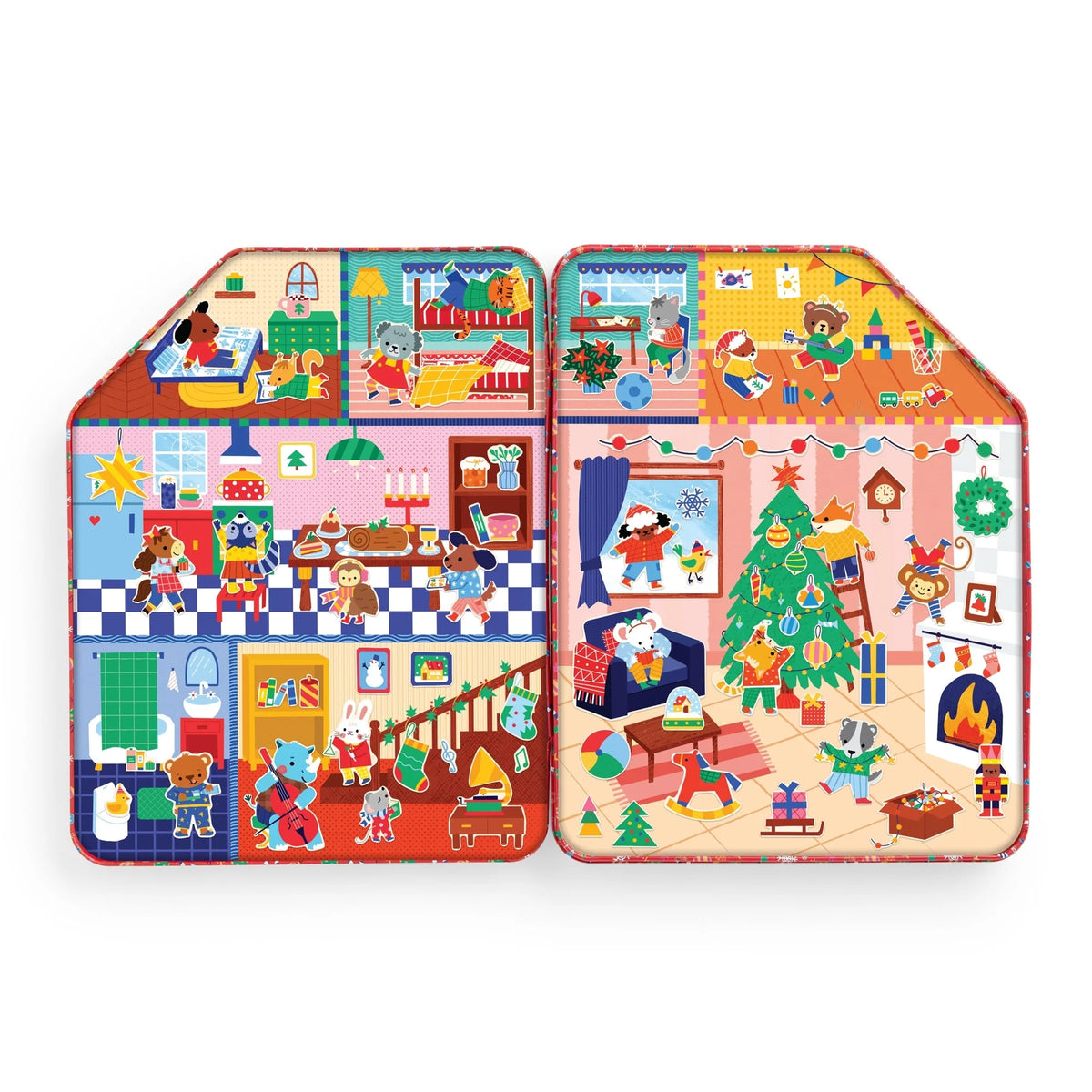 Căsuța Merry &amp; Bright decorată cu magneți cu animale, mobilier, cadouri și ornamente de Crăciun