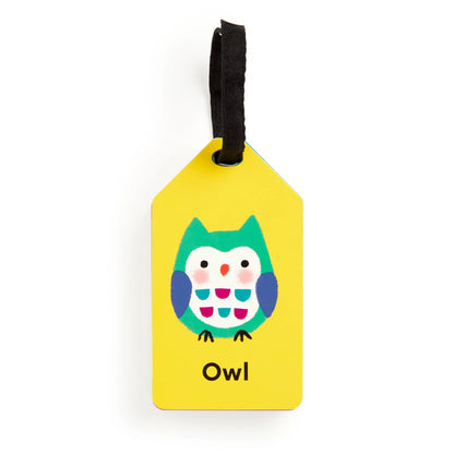 Cartonaș galben cu bufniță și denumirea Owl, prins pe inel textil