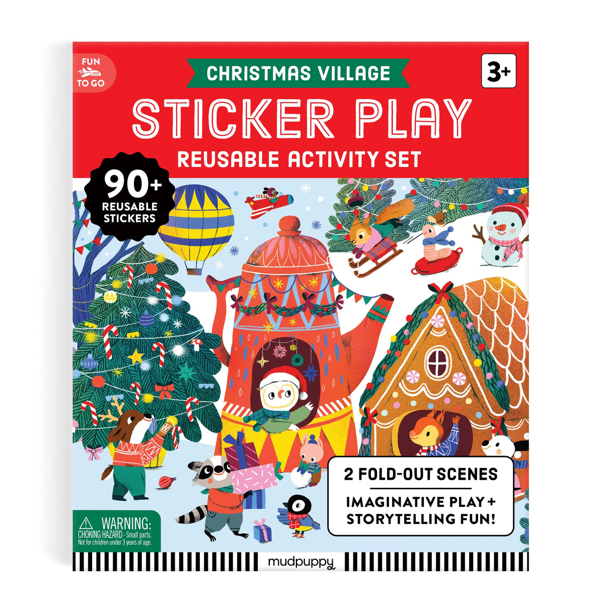 Set Christmas Village Mudpuppy cu stickere reutilizabile, ambalaj văzut din față