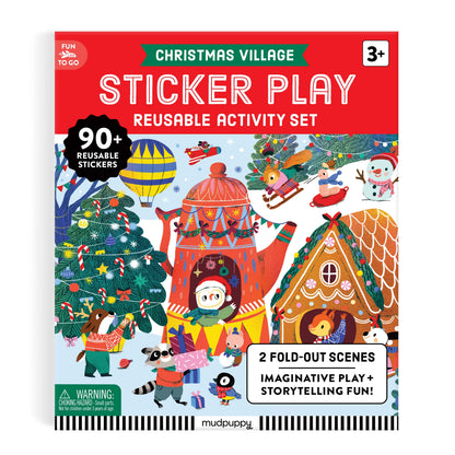Set Christmas Village Mudpuppy cu stickere reutilizabile, ambalaj văzut din față