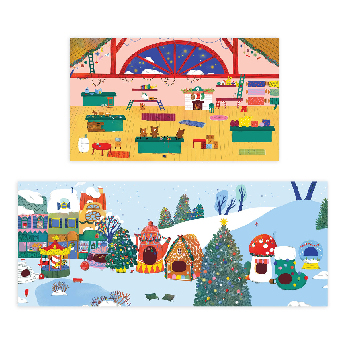 Cele două decoruri Christmas Village fără stickere: atelierul de jucării și satul înzăpezit
