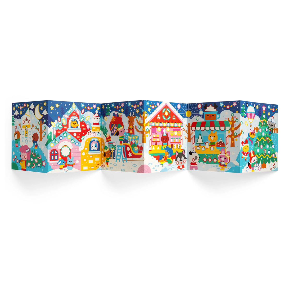 Poster panoramic Christmas Cheer desfășurat, cu căsuțe colorate, animale și brad de Crăciun