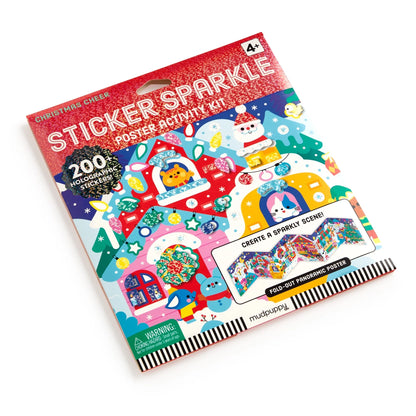 Set Christmas Cheer Mudpuppy fotografiat oblic, cu poster pliabil și stickere holografice