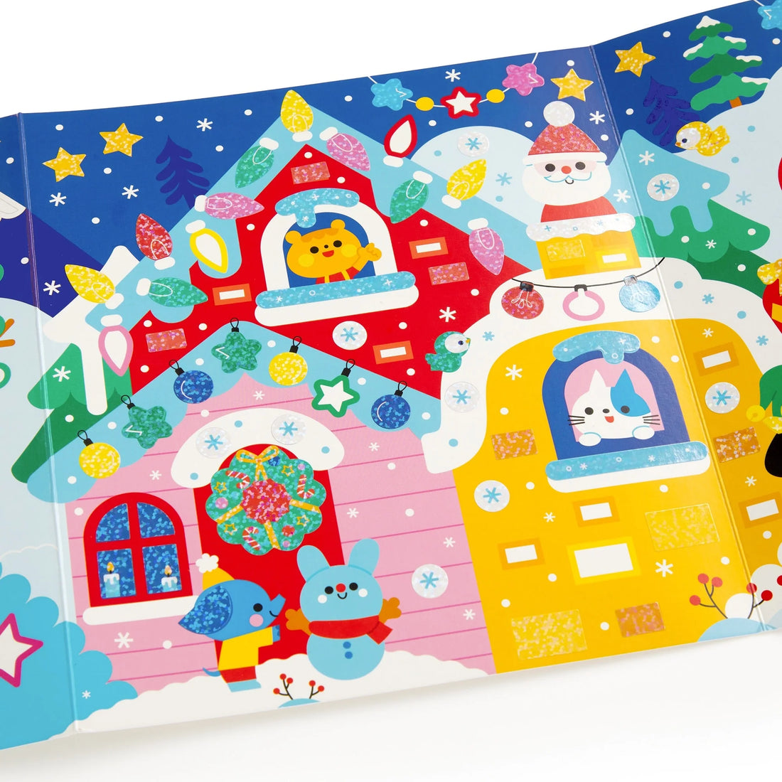 Detaliu din posterul Christmas Cheer, cu stickere strălucitoare pe căsuțe și decorațiuni