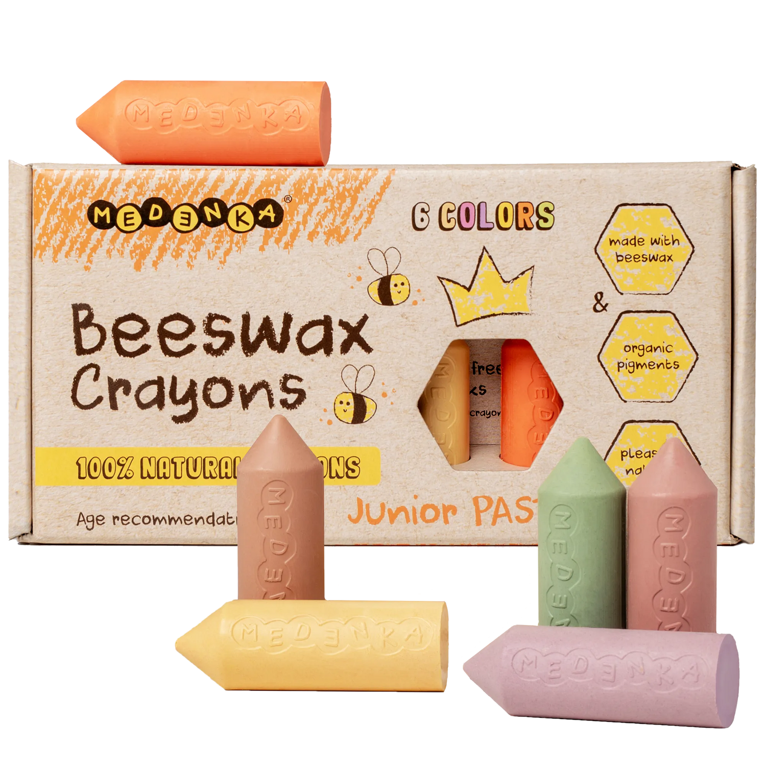 Creioane groase din ceara de albine, 6 culori – Junior Pastel - Medenka