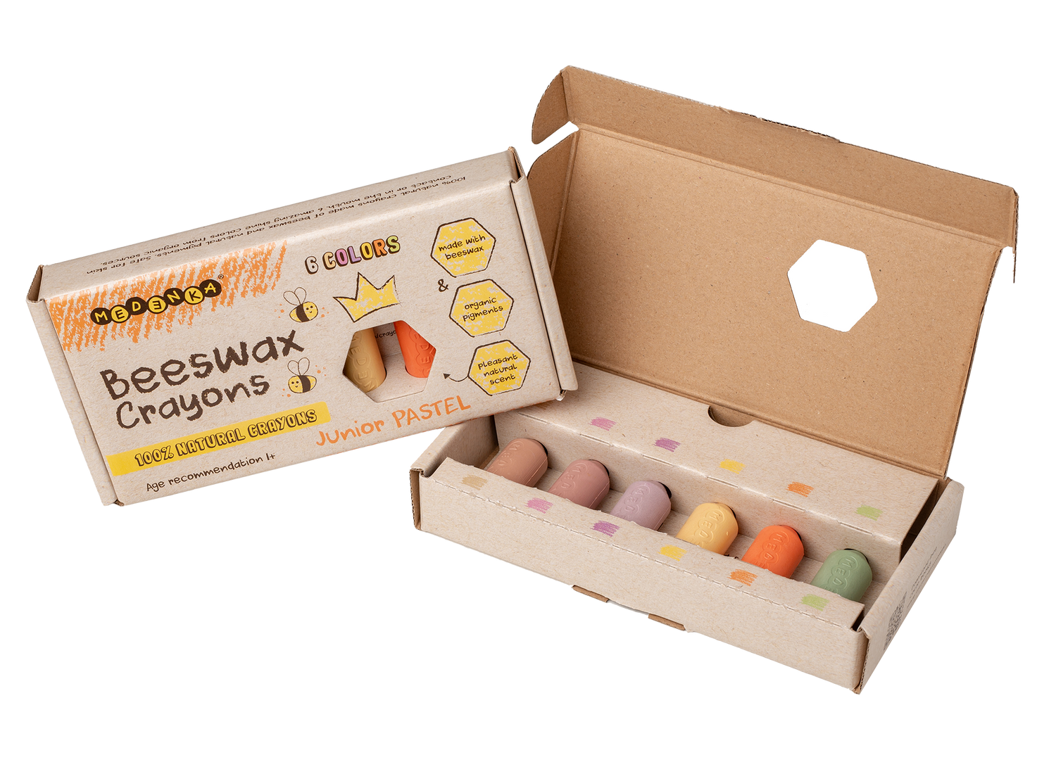 Creioane groase din ceara de albine, 6 culori – Junior Pastel - Medenka