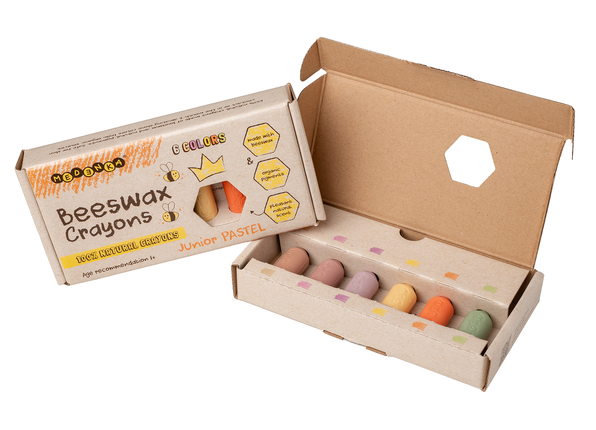 Creioane groase din ceara de albine, 6 culori – Junior Pastel - Medenka