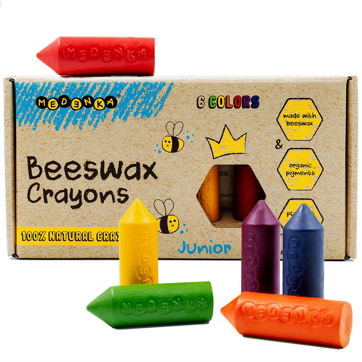 Creioane groase din ceara de albine, 6 culori – Junior Rainbow - Medenka