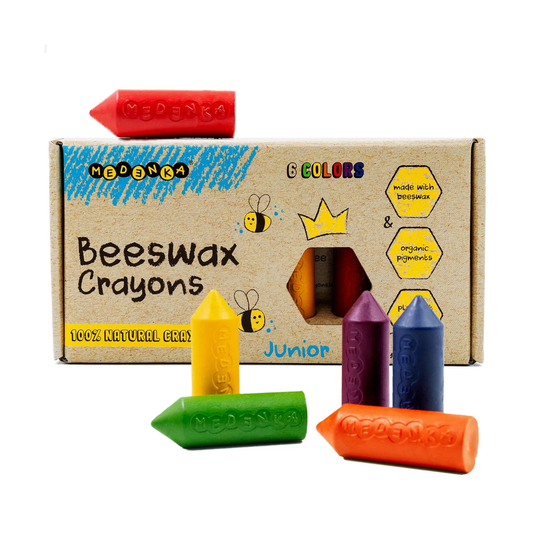 Creioane groase din ceara de albine, 6 culori – Junior Rainbow - Medenka