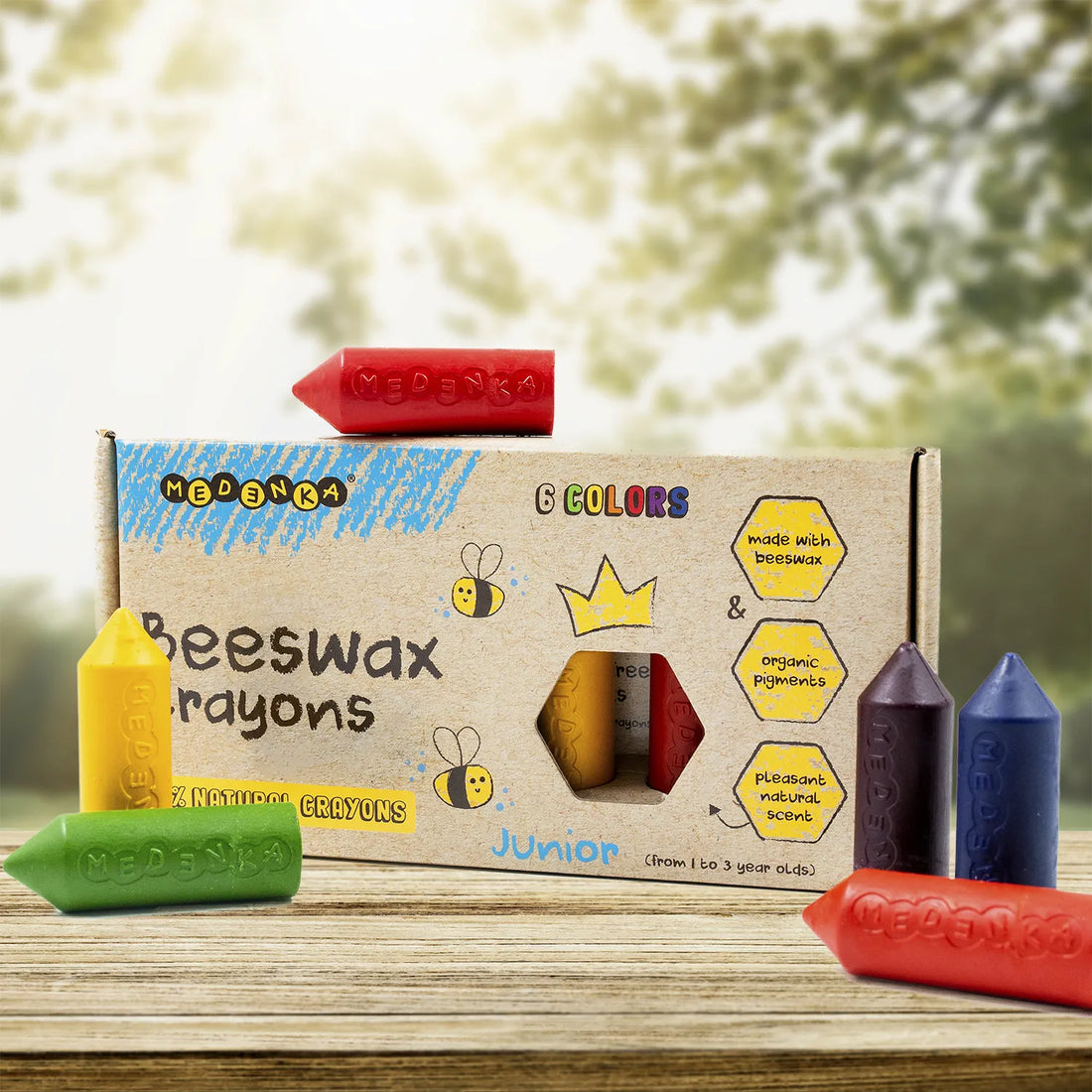 Creioane groase din ceara de albine, 6 culori – Junior Rainbow - Medenka