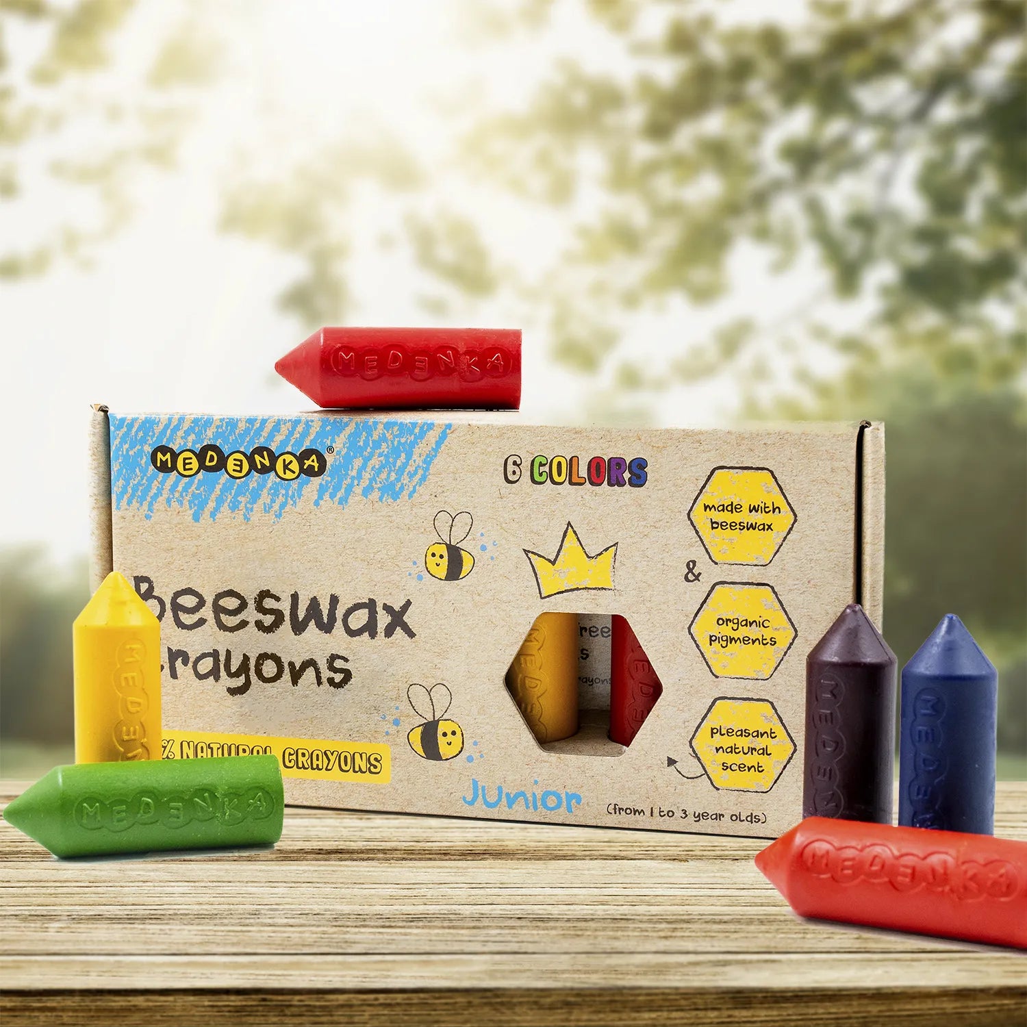 Creioane groase din ceara de albine, 6 culori – Junior Rainbow - Medenka