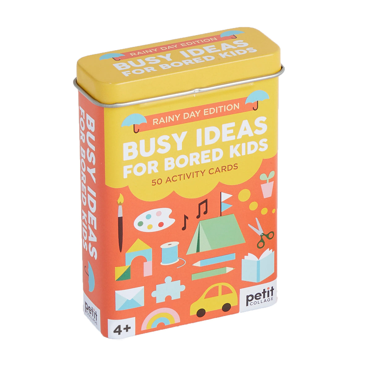 Cutia metalică Busy Ideas for Bored Kids Rainy Day Edition, cu capac galben