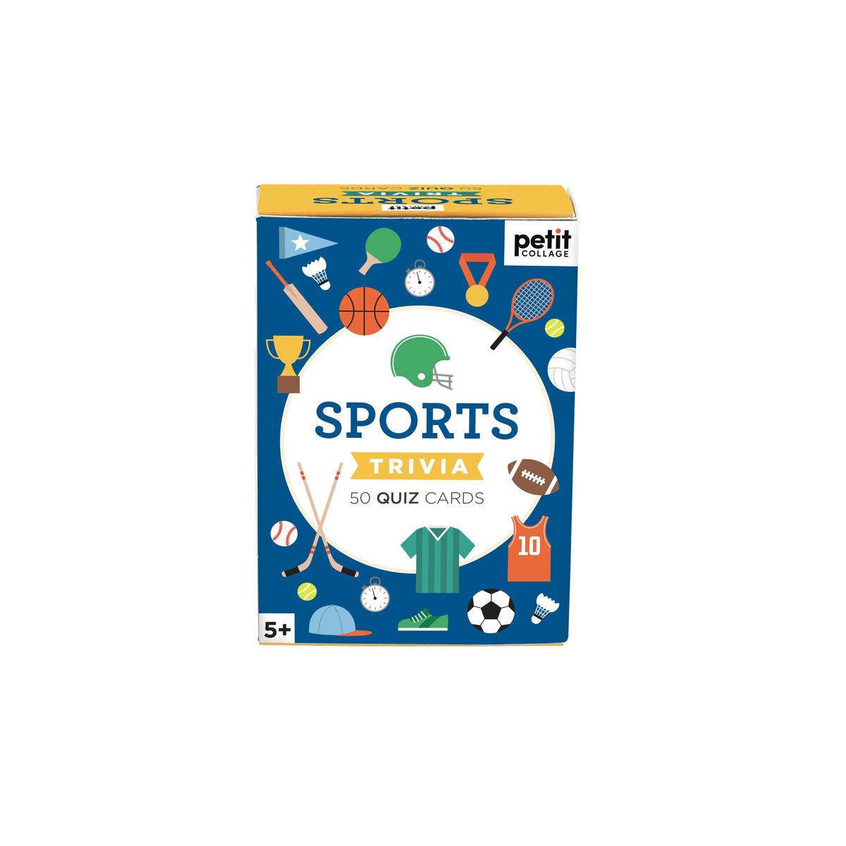 Fața cutiei Sports Trivia cu ilustrații de echipamente sportive și mențiunea 50 quiz cards