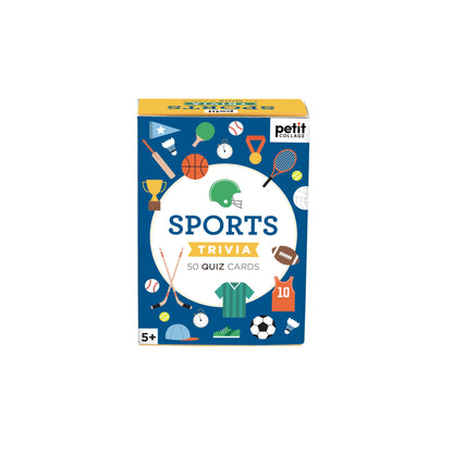 Fața cutiei Sports Trivia cu ilustrații de echipamente sportive și mențiunea 50 quiz cards