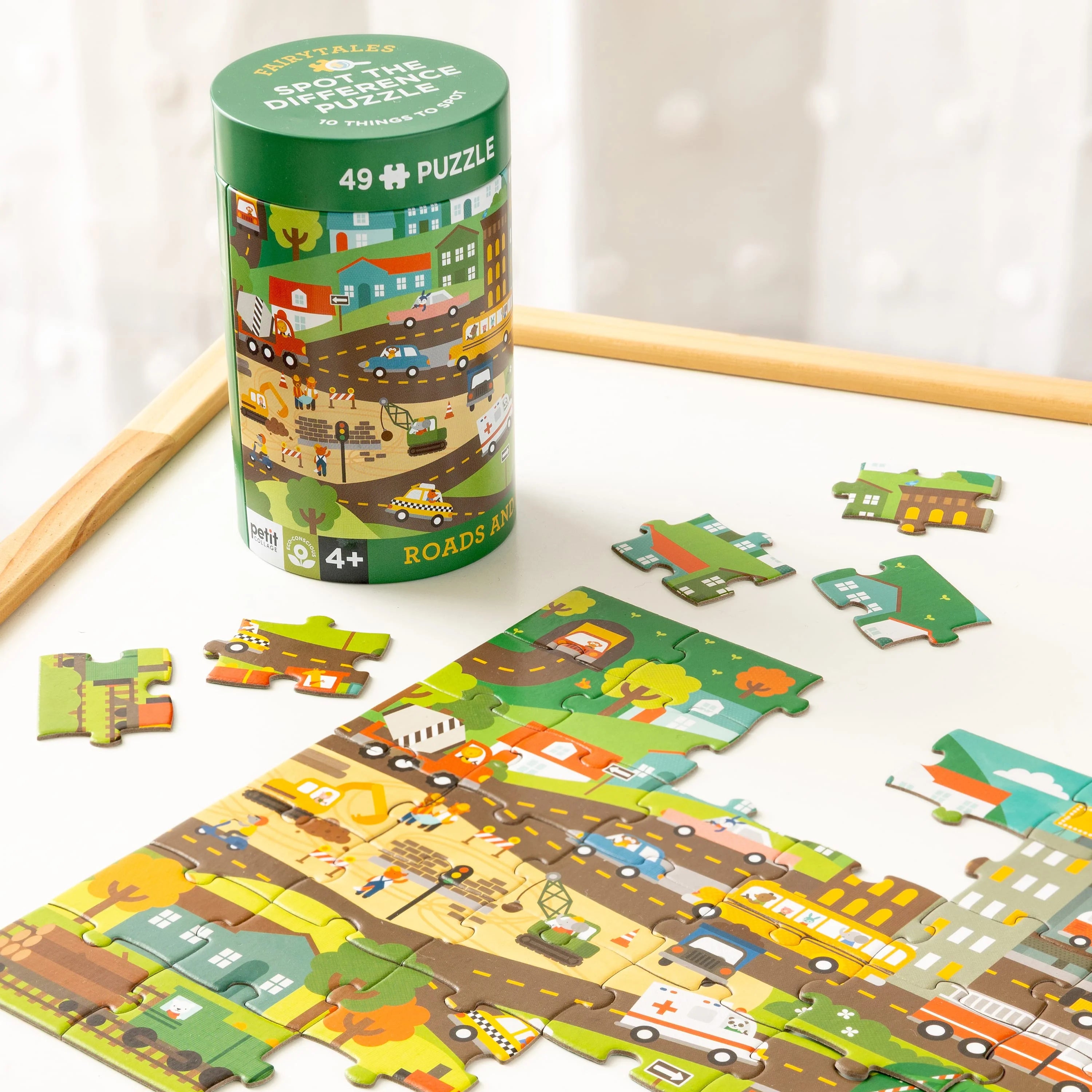 Puzzle 2 în 1 - Găsește diferențele, 49 piese - Roads &amp; Rails - Petit Collage
