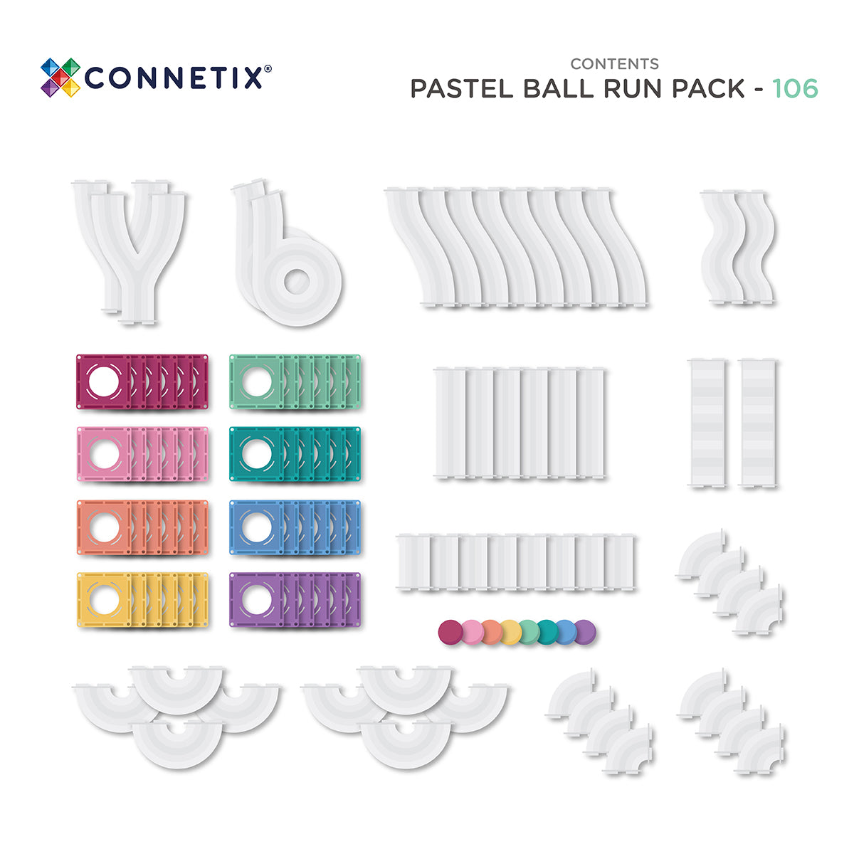Set constructie magnetic, 106 piese – Pastel Ball Run Pack – Connetix