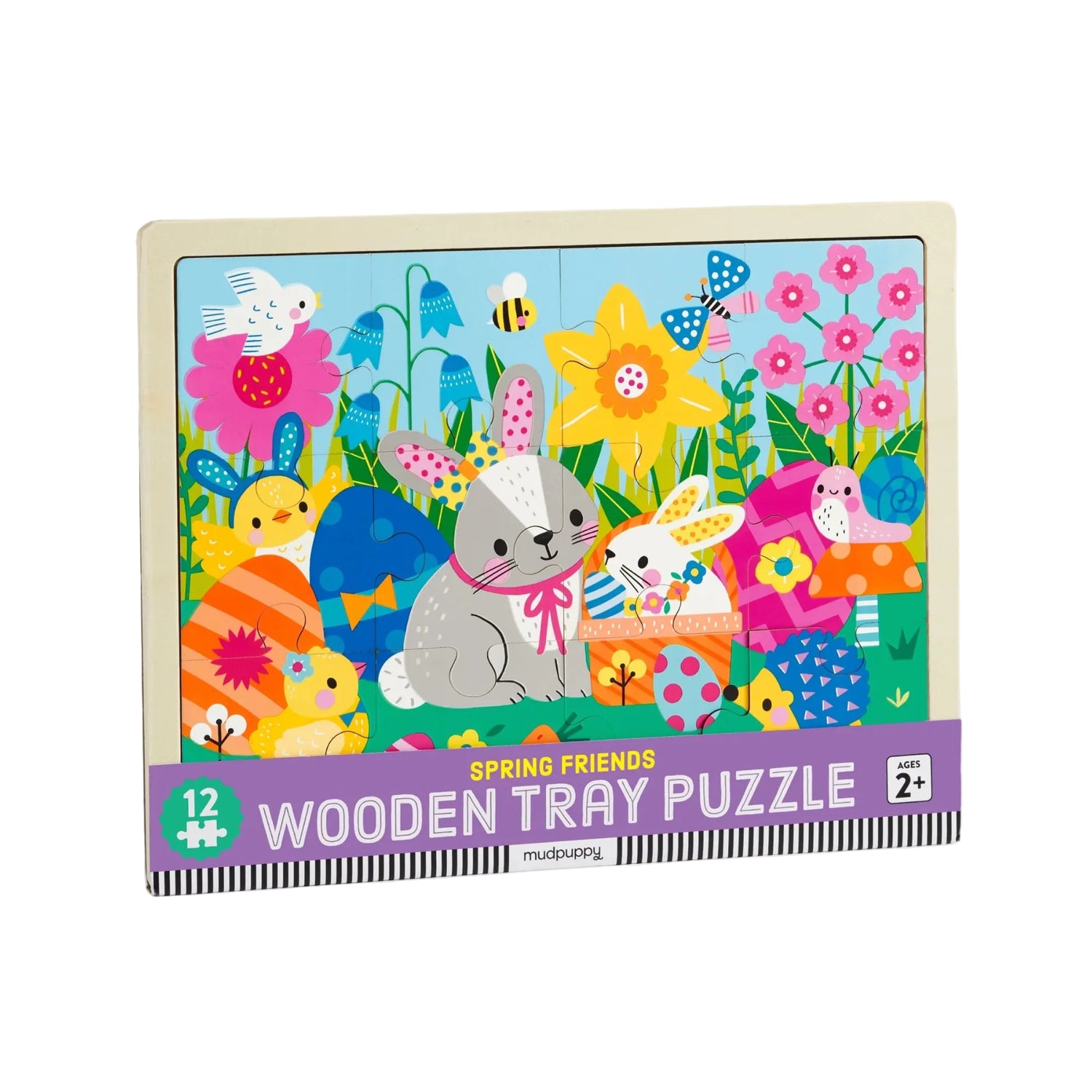 Puzzle din lemn + tavita, 12 piese - Spring Friends - Mudpuppy