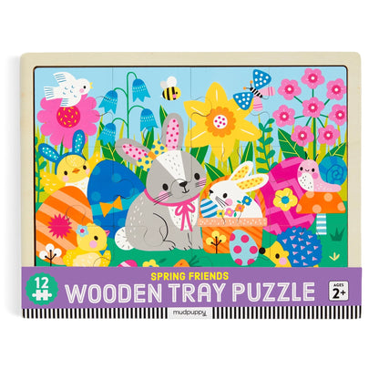 Puzzle din lemn + tavita, 12 piese - Spring Friends - Mudpuppy