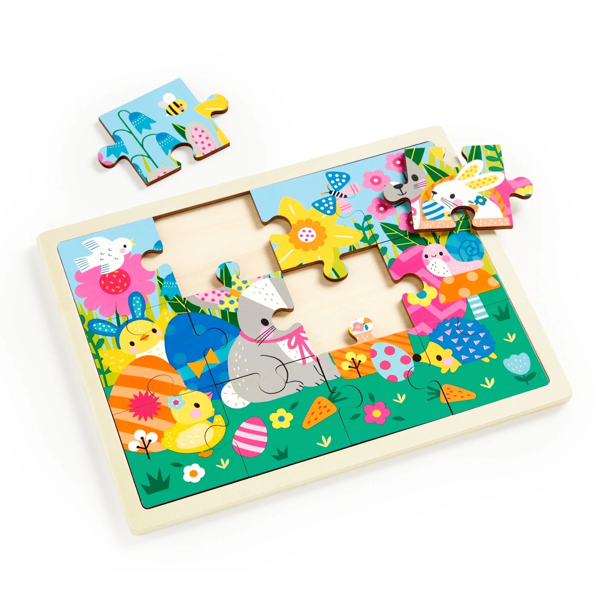 Puzzle din lemn + tavita, 12 piese - Spring Friends - Mudpuppy