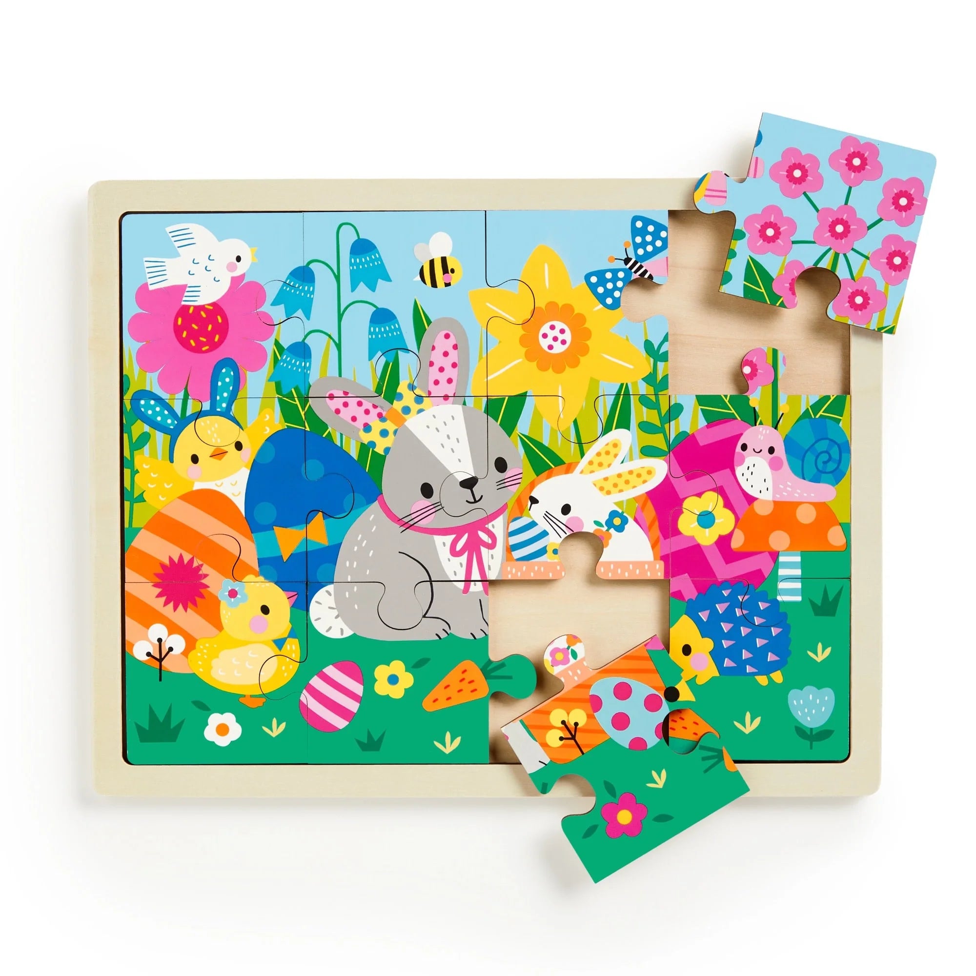 Puzzle din lemn + tavita, 12 piese - Spring Friends - Mudpuppy