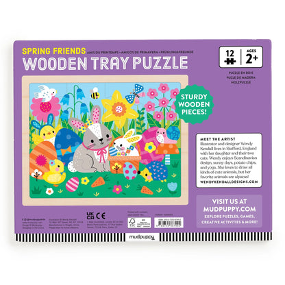 Puzzle din lemn + tavita, 12 piese - Spring Friends - Mudpuppy