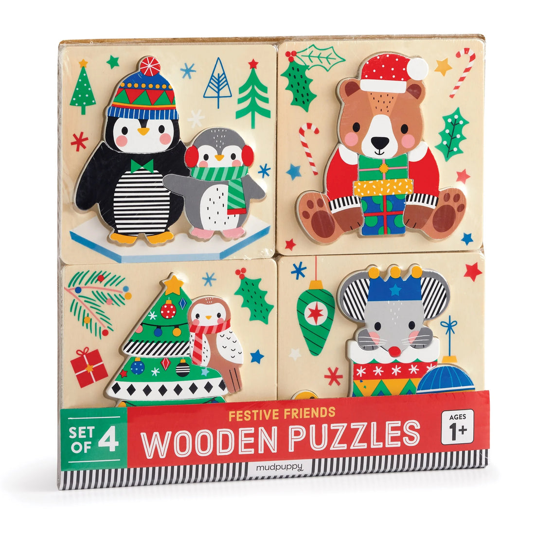Set puzzle din lemn, 4 in 1 - Festive Friends - Mudpuppy