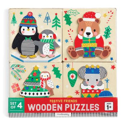 Set puzzle din lemn, 4 in 1 - Festive Friends - Mudpuppy