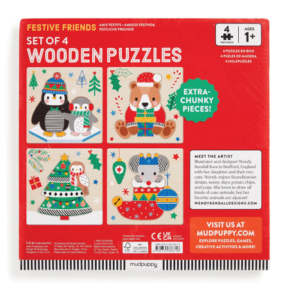 Set puzzle din lemn, 4 in 1 - Festive Friends - Mudpuppy