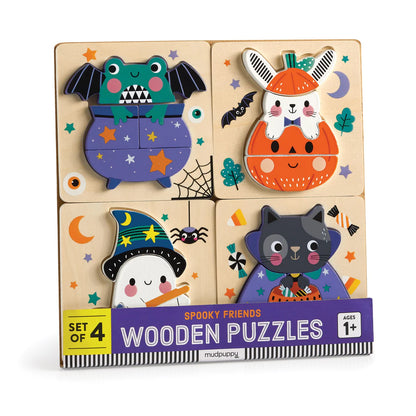 Set puzzle din lemn, 4 in 1 - Spooky Friends - Mudpuppy