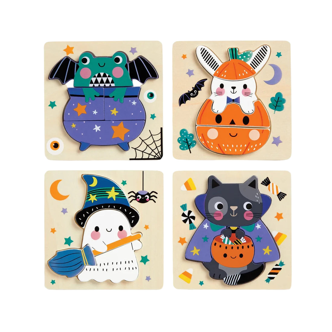 Set puzzle din lemn, 4 in 1 - Spooky Friends - Mudpuppy
