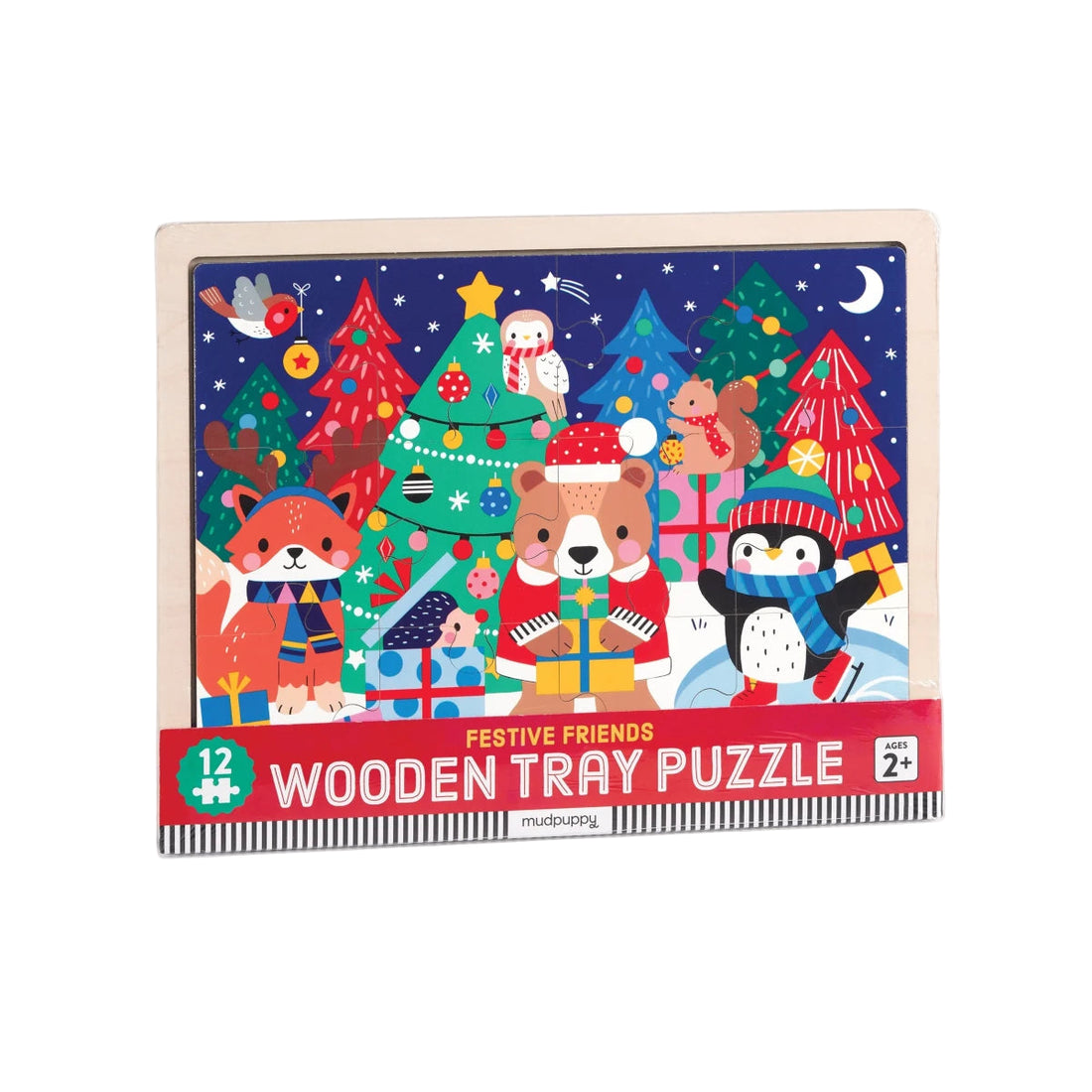 Puzzle din lemn + tavita, 12 piese - Festive Friends - Mudpuppy