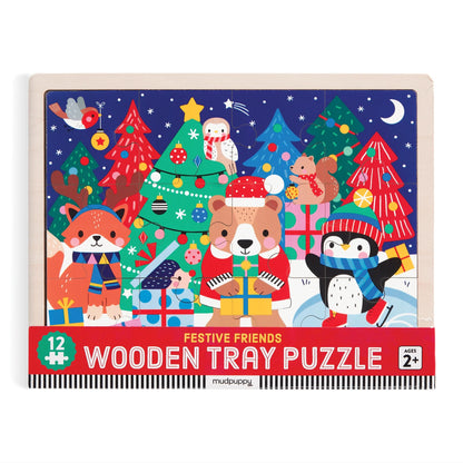Puzzle din lemn + tavita, 12 piese - Festive Friends - Mudpuppy