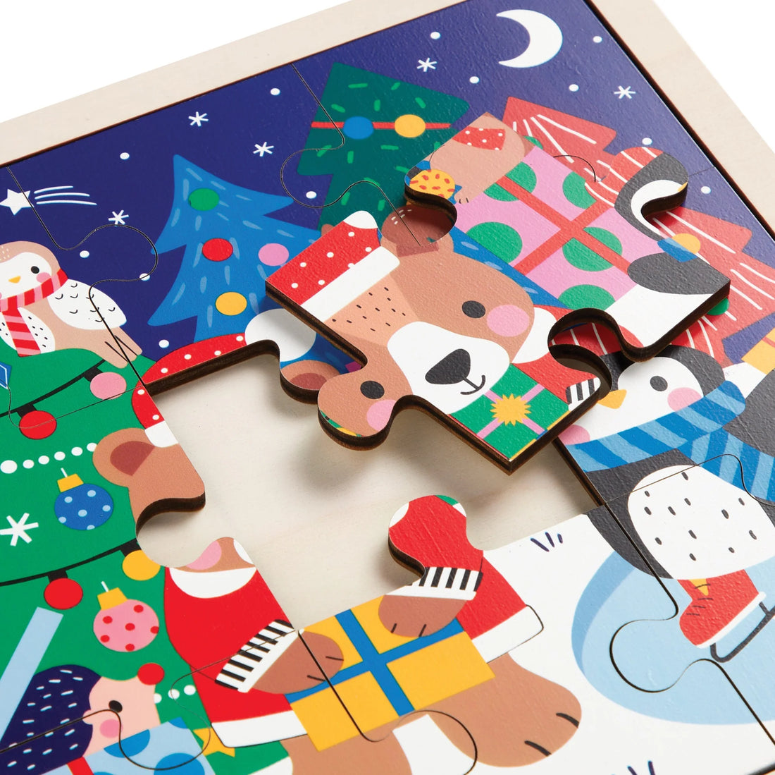 Puzzle din lemn + tavita, 12 piese - Festive Friends - Mudpuppy
