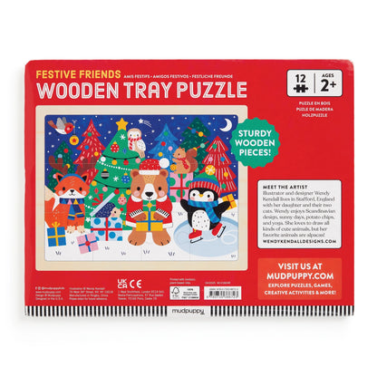 Puzzle din lemn + tavita, 12 piese - Festive Friends - Mudpuppy