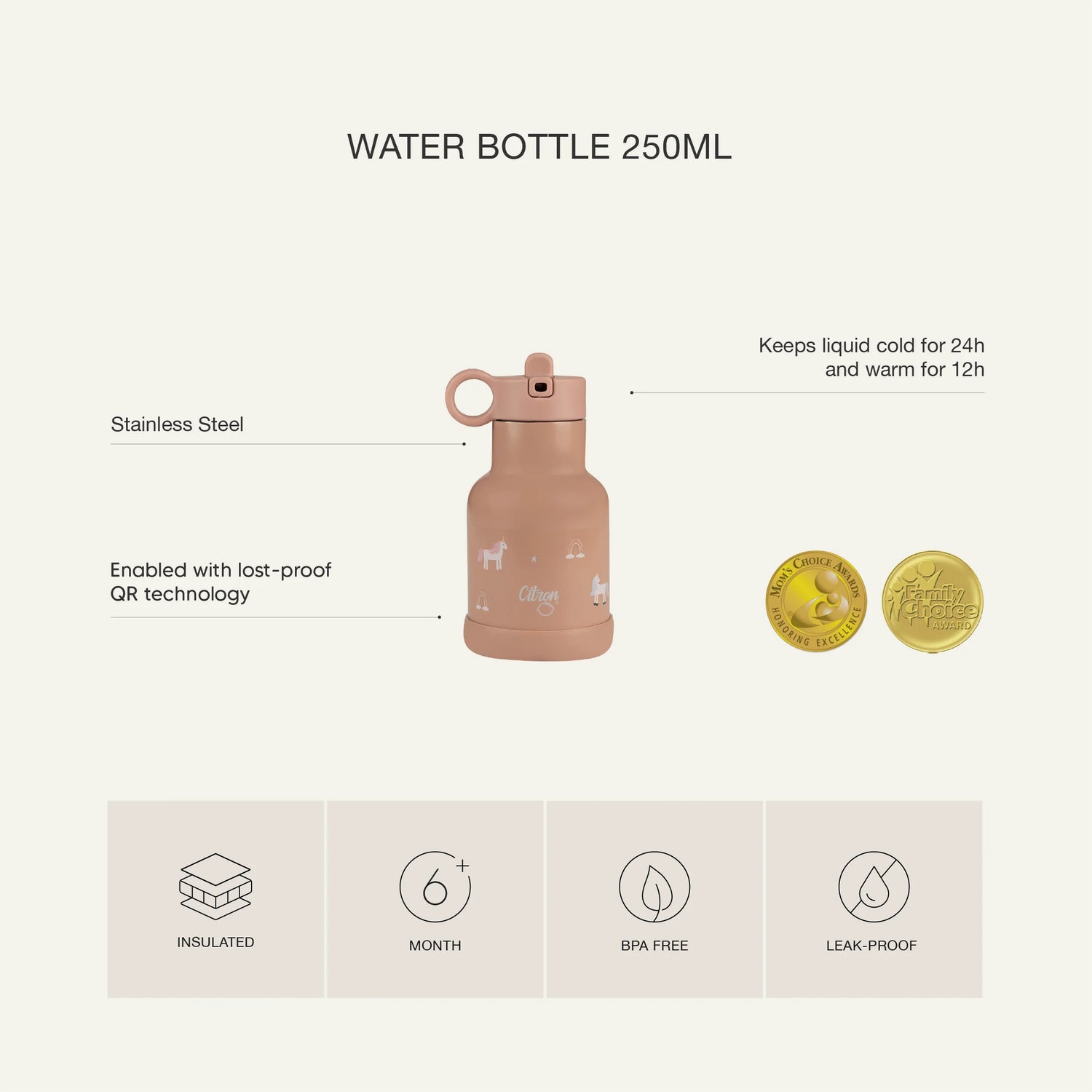 Sticla de apa termoizolanta - Lemon, 250 ml - Citron