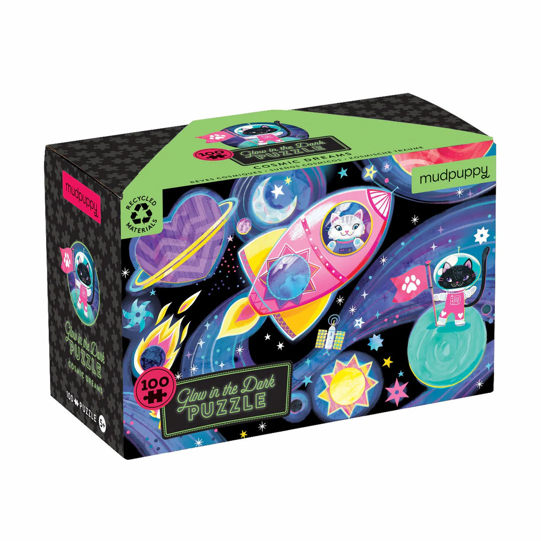 Puzzle fosforescent, 100 pcs – Cosmic Dreams, Glow in the Dark – Mudpuppy