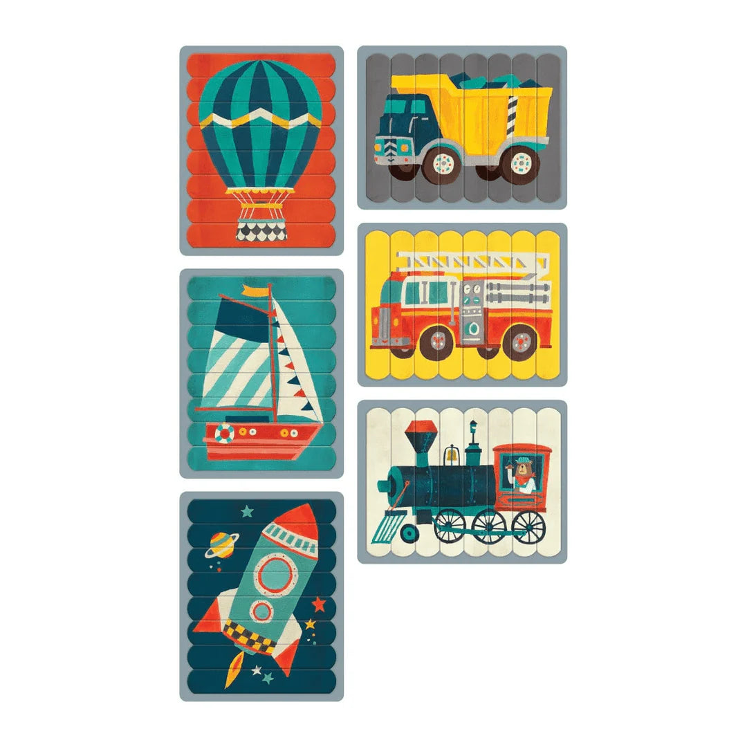 Set puzzle cu betisoare, 6 in 1 - Transportation - Mudpuppy