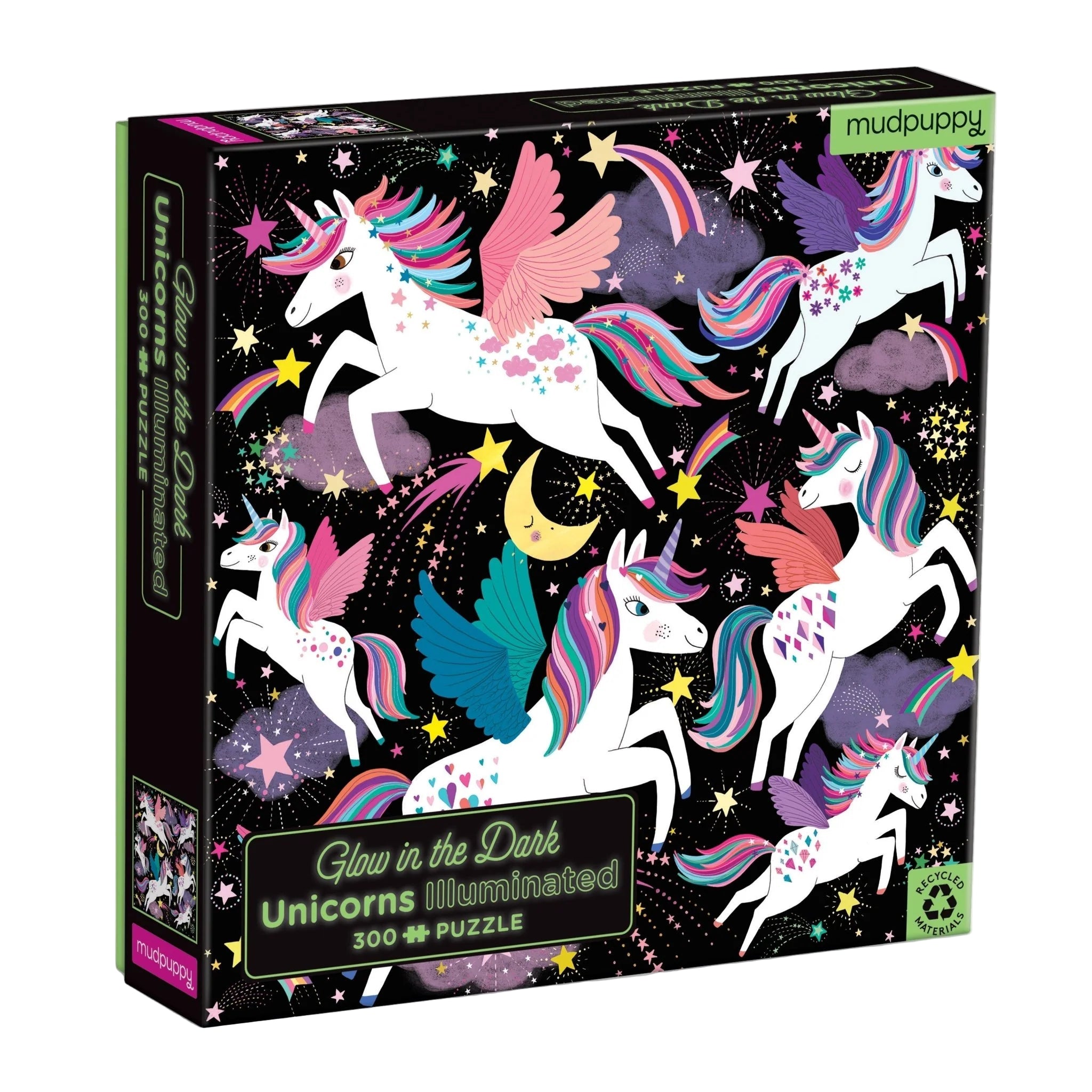 Puzzle fosforescent, 300 pcs – Unicorns Illuminated, Glow in the Dark – Mudpuppy