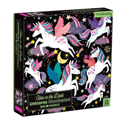 Puzzle fosforescent, 300 pcs – Unicorns Illuminated, Glow in the Dark – Mudpuppy