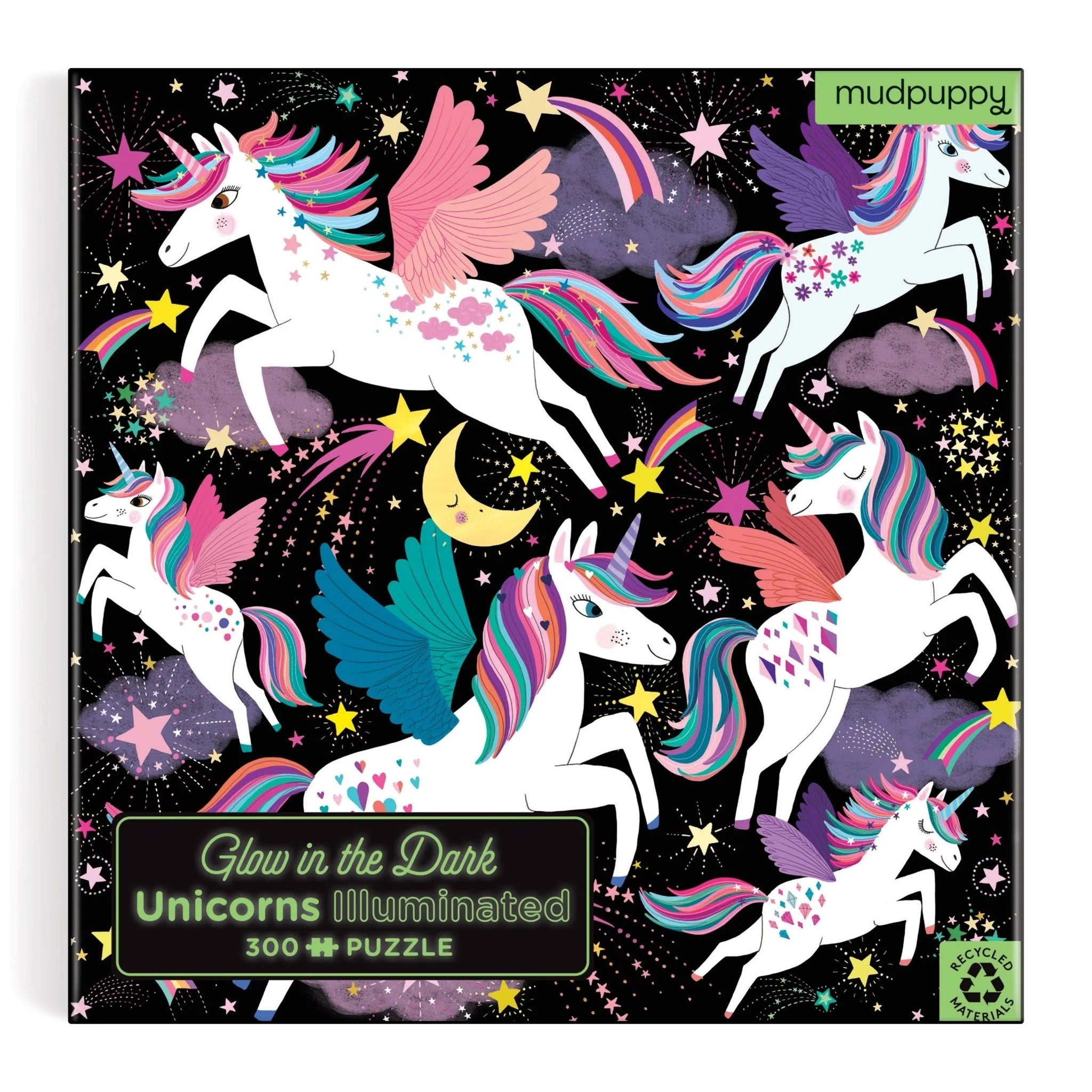 Puzzle fosforescent, 300 pcs – Unicorns Illuminated, Glow in the Dark – Mudpuppy