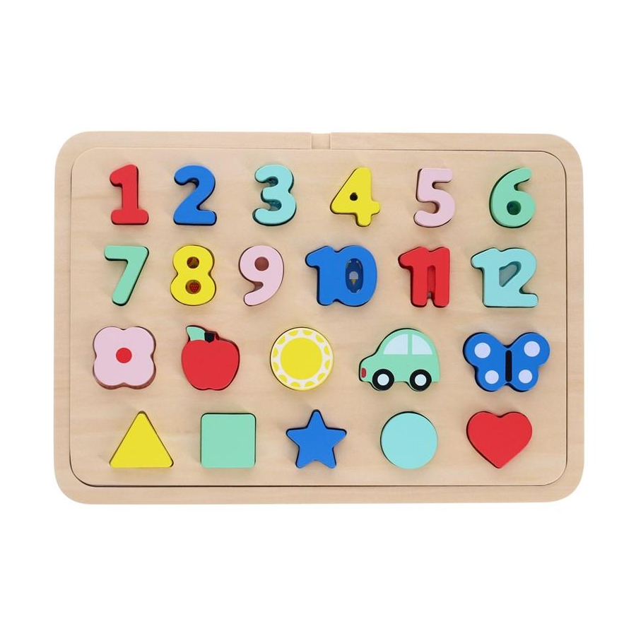 Puzzle din lemn, 4 in 1 - Numere, forme si culori - Petit Collage