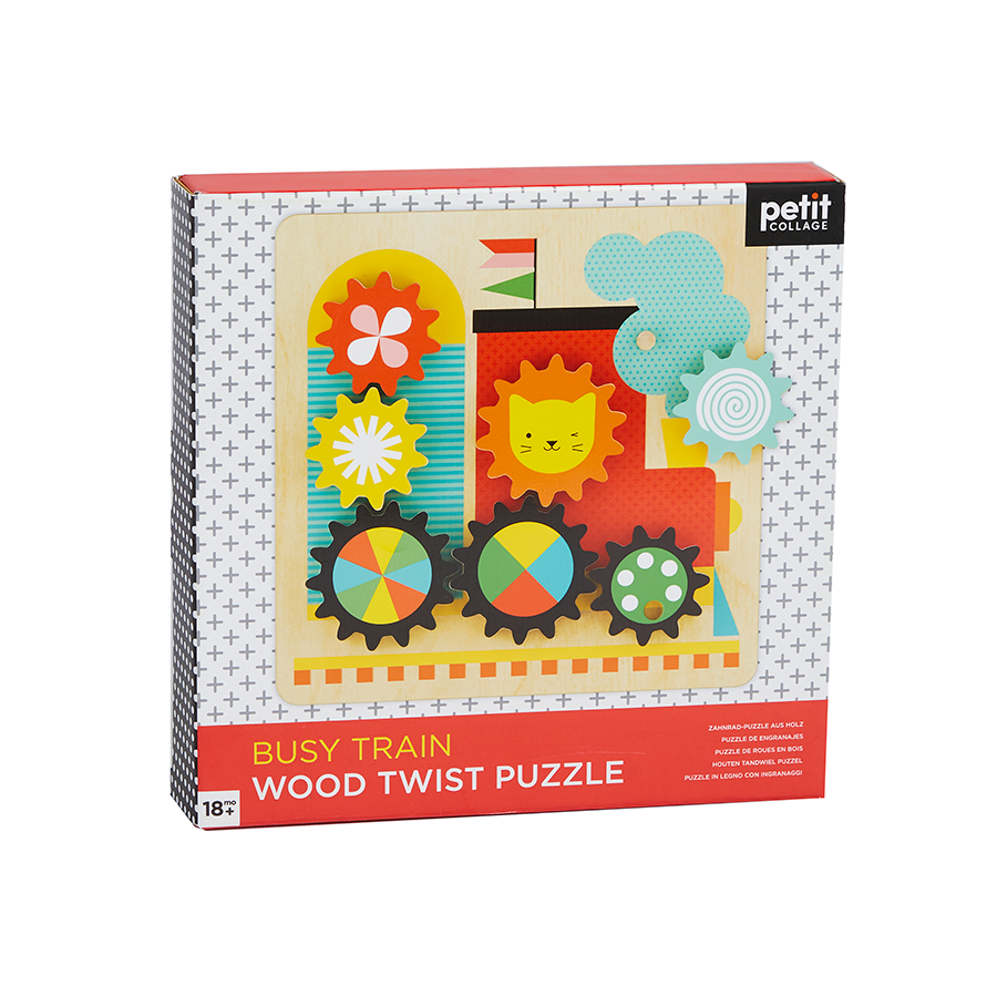 Puzzle din lemn cu roti dintate - Busy Train - Petit Collage