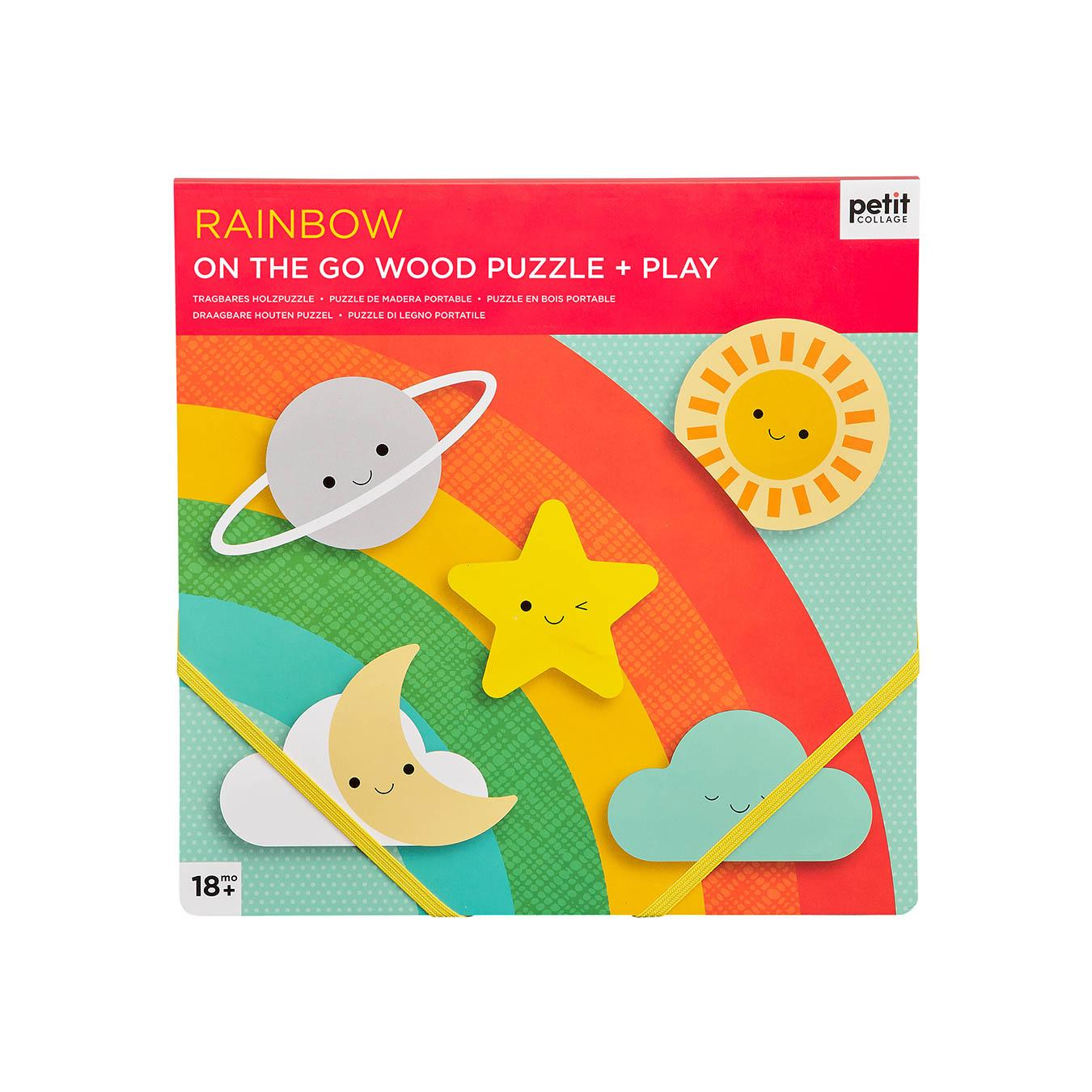 Puzzle din lemn + set de joaca On-The-Go, 5 piese - Rainbow - Petit Collage